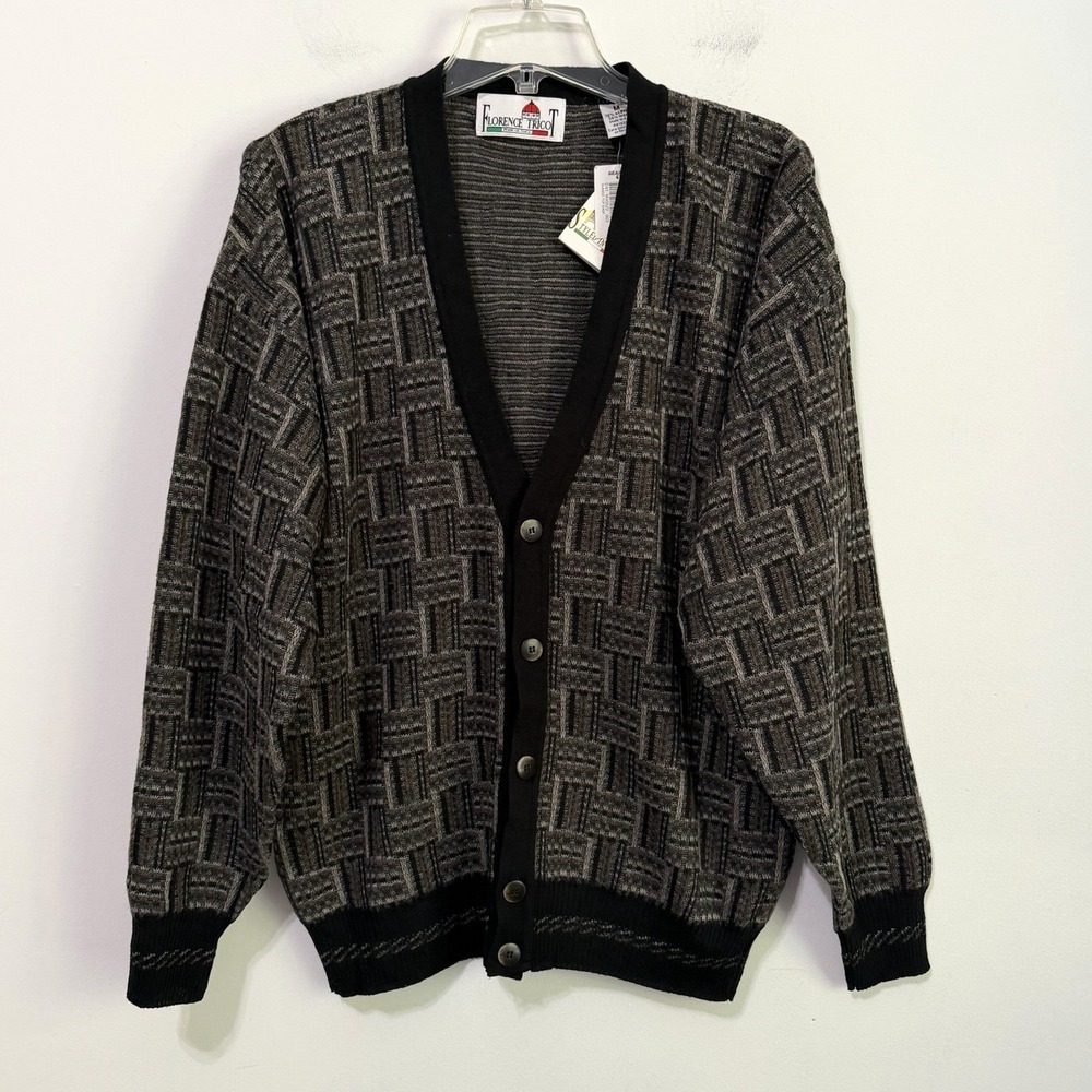 Florence Tricot 90s Italy Grandpa Cardigan M Plaid Knit Button Sweater Wool NEW